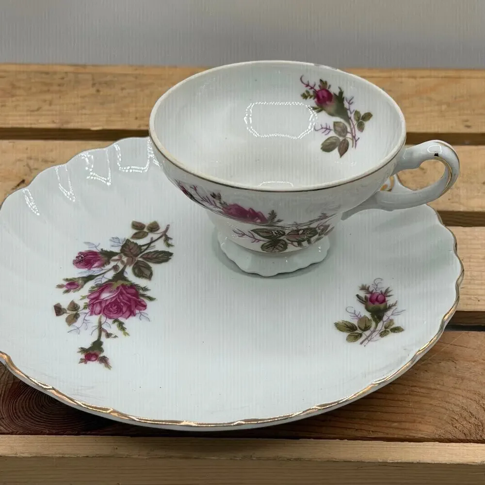 Vintage Pink Rose Fine Porcelain Teacup and Saucer Set –Trio Duo Pair (Set of 3)
